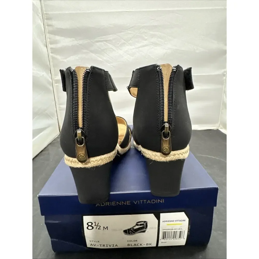 ADRIENNE VITTADINI TRIVIA Wedge Sandals Black Ankle Strap Women's Size 8.5 New
